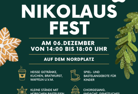 Am 06.12. lädt die Eisenacher Nordrunde wie gewohnt wieder zum alljährlichen Nikolausfest auf den Nordplatz. Ab 15:00 Uhr wird Ihnen ein buntes Programm für Groß und Klein angeboten. 