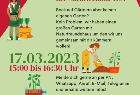 Am Freitag den 17.03. gründet sich die GartenAG, die sich künftig gemeinsam um den Garten des Naturfreundehauses in Eisenach kümmert.  